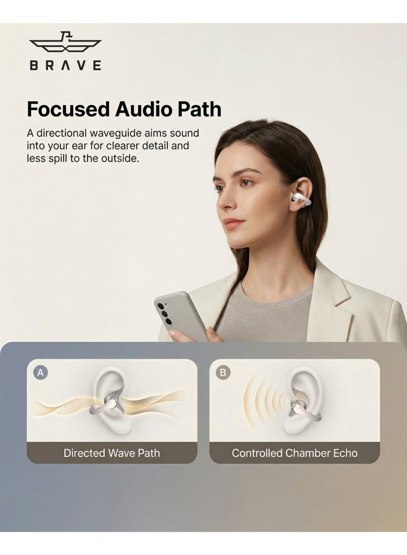 بريف سماعات أذن لاسلكية مفتوحة بلوتوث 6.0، سماعات رياضية مع مشغلات مغناطيسية ثلاثية النواة، محرك نبض الجهير العميق، تقنية تركيز الصوت العصبي للمكالمات، مصفوفة ميكروفون مزدوجة 360° لالتقاط الصوت، ملاءمة مريحة بوسادة هوائية، مقاومة للماء ومقاومة للعرق، بطارية طويلة العمر، زمن استجابة منخفض للغاية، صوت اتجاهي، سماعات مكالمات بدون استخدام اليدين للرياضة والجري والنادي وركوب الدراجات والأنشطة الخارجية – بيج - Image 5